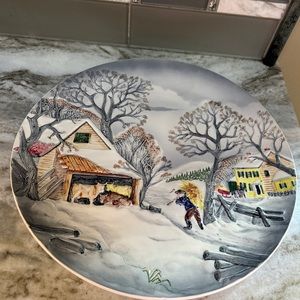 VINTAGE WEST GERMAN MAJOLICA WALL PLATE WINTER SCENE 13in